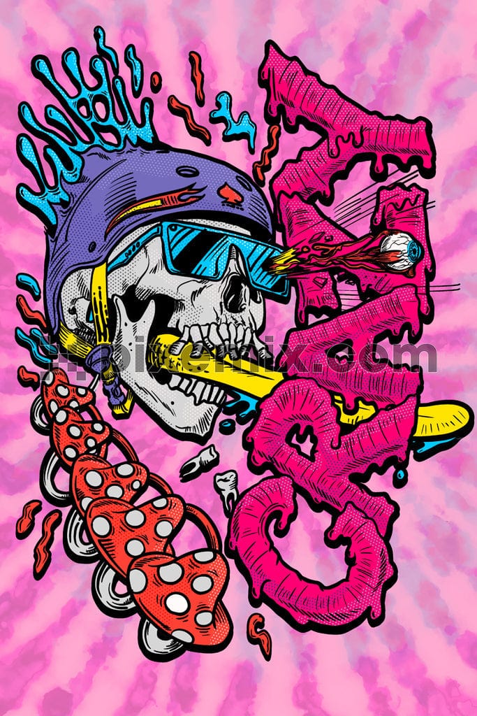 Street art inspired digital ilustration of sureal skull with juice typography product graphic