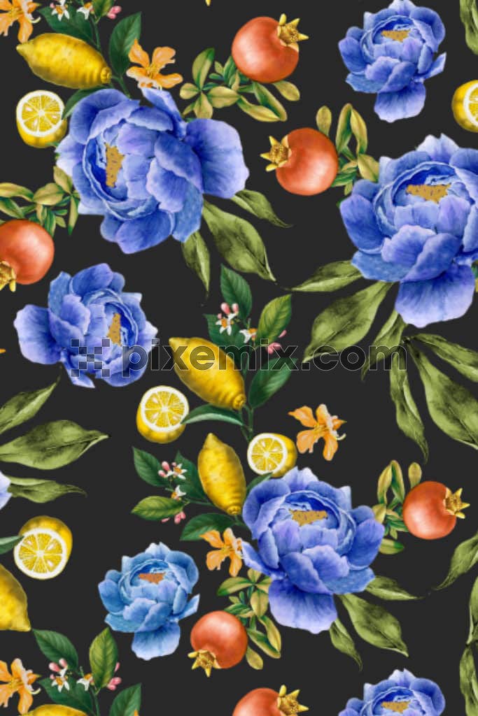 Digital florals and fruits product graphic with seamless repeat pattern