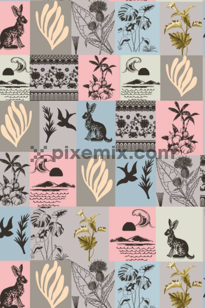 Line-art leaves and rabbit product graphic with seamless repeat pattern