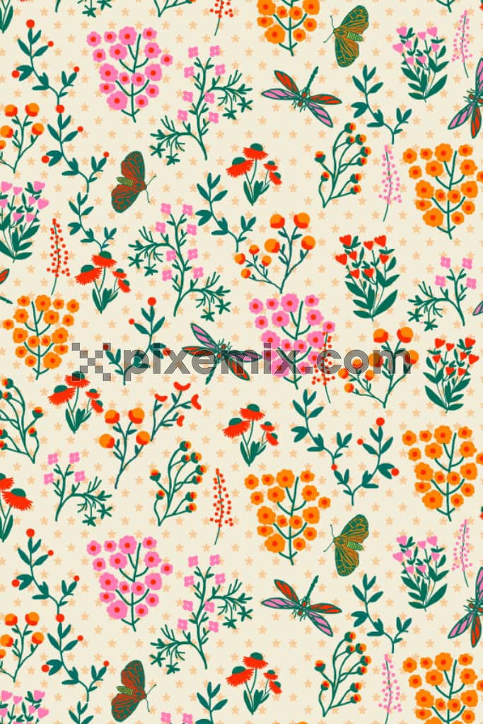 Vector flowers and insects product graphic with seamless repeat pattern