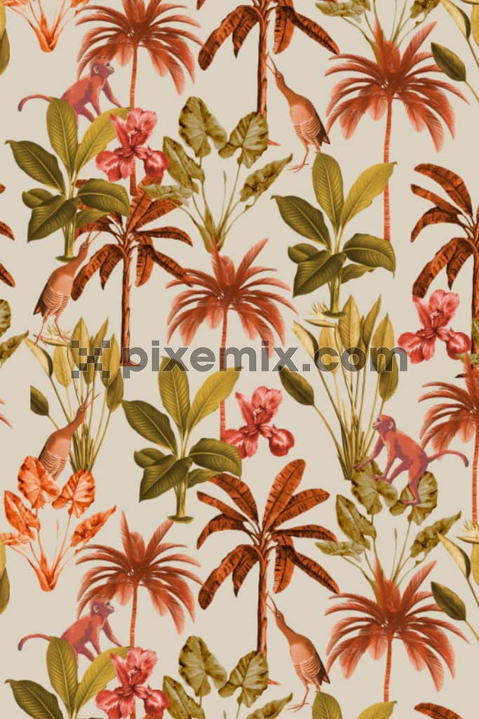 Tropical forest and crane bird product graphic with seamless repeat pattern