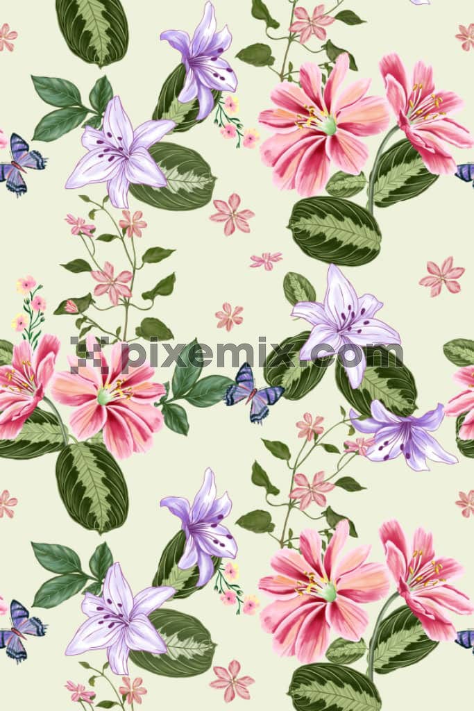Digital florals and leaves product graphic with seamless repeat pattern
