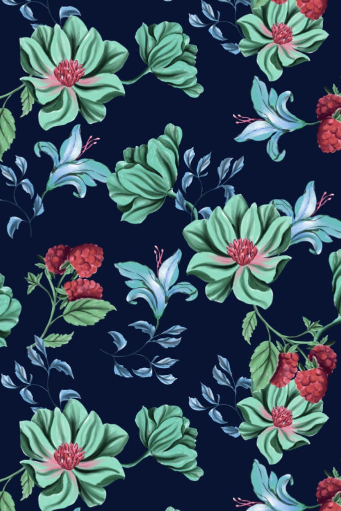 Hand-drawn florals and berry product graphic with seamless repeat pattern