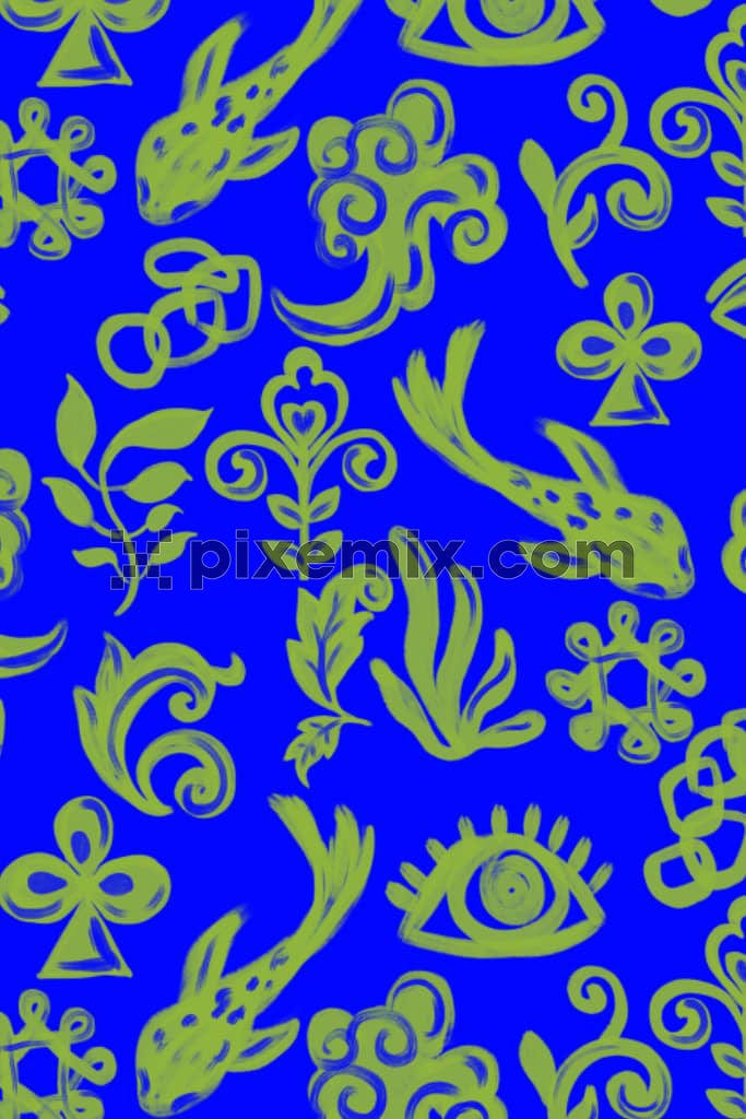 Watercolor art inspired fish and leaves product graphic with seamless repeat pattern