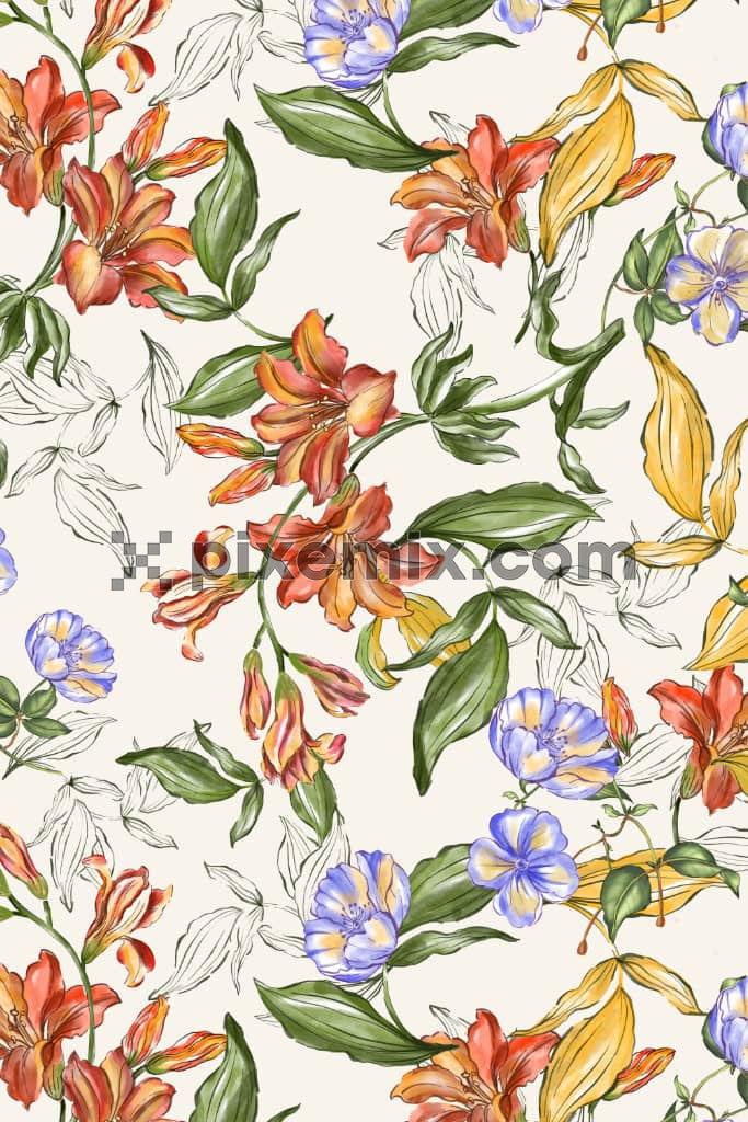 Watercolor florals and leaf product graphic with seamless repeat pattern