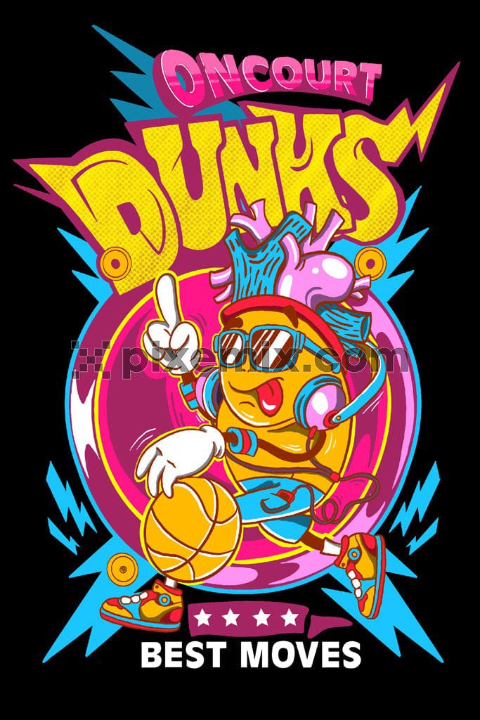 A pop art-inspired product graphic based on basketball and music, featuring a character in a funny poseÊ