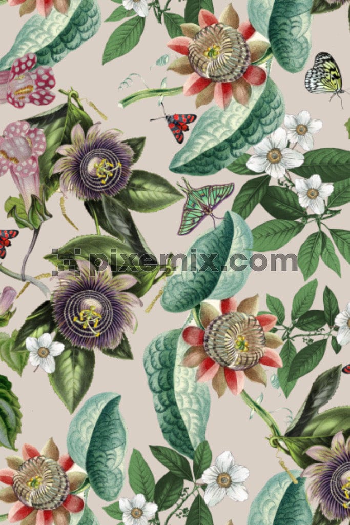 A seamless repeating pattern of flowers and insects with added texture in watercolour effect