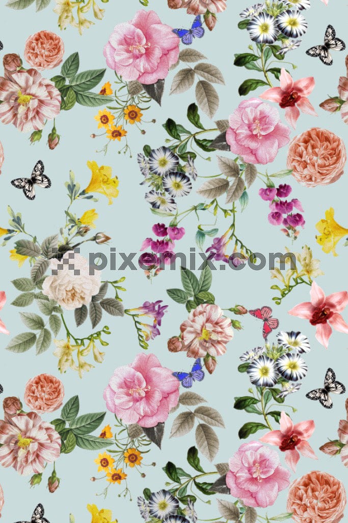 A seamless repeating pattern of colourful butterflies and flowers with a pastel backround
