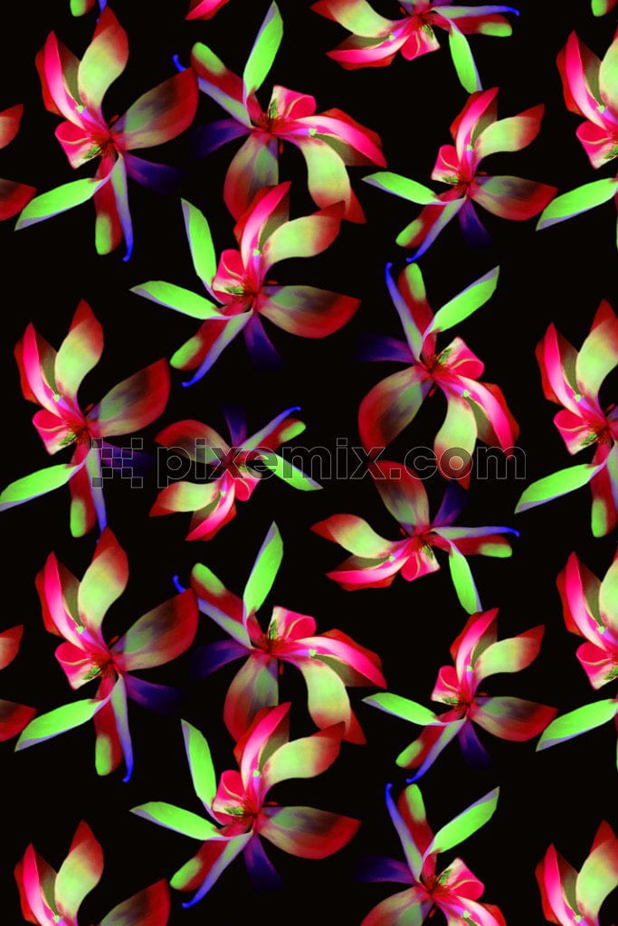 A seamless repeating pattern of a stunning digital neon orchid graphic that radiates vibrant colors and a futuristic aestheticÊ