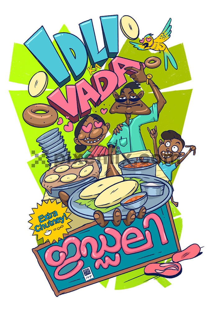 Indian street food inspired by pop culture featuring characters, food and typographyÊwith product graphic