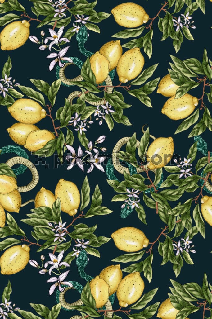 An intriguing graphic featuring lemons, leaves, and snakes in a seamless repeat pattern