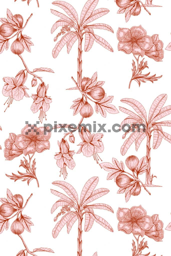 A hand drawn monochrome digital art of flowers, fruits and trees with a seamless repeating pattern.