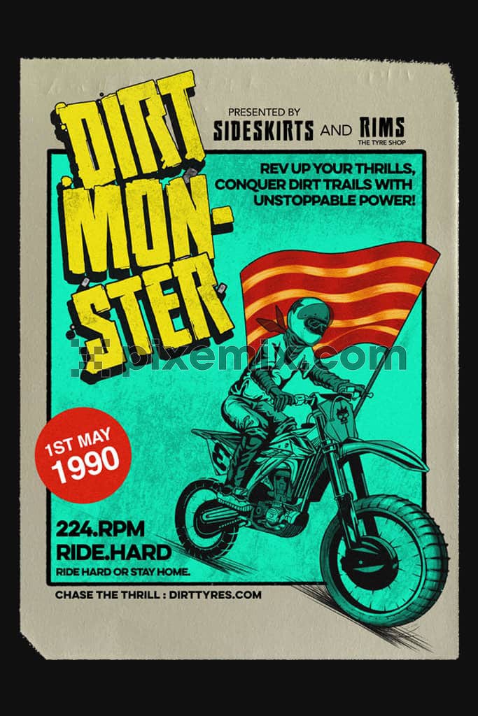  A vintage graphic depicting a motorcycle adventure illustration along with typography.