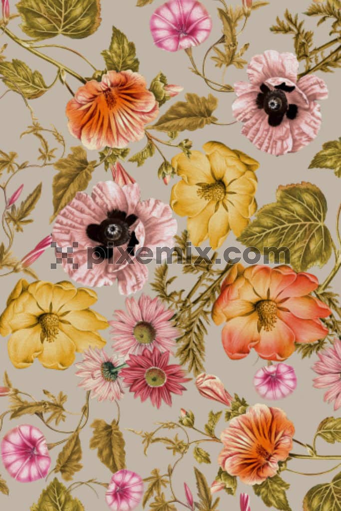 A hand drawn vintage floral illustration of tropical flowers and leaves with a seamless repeating pattern.