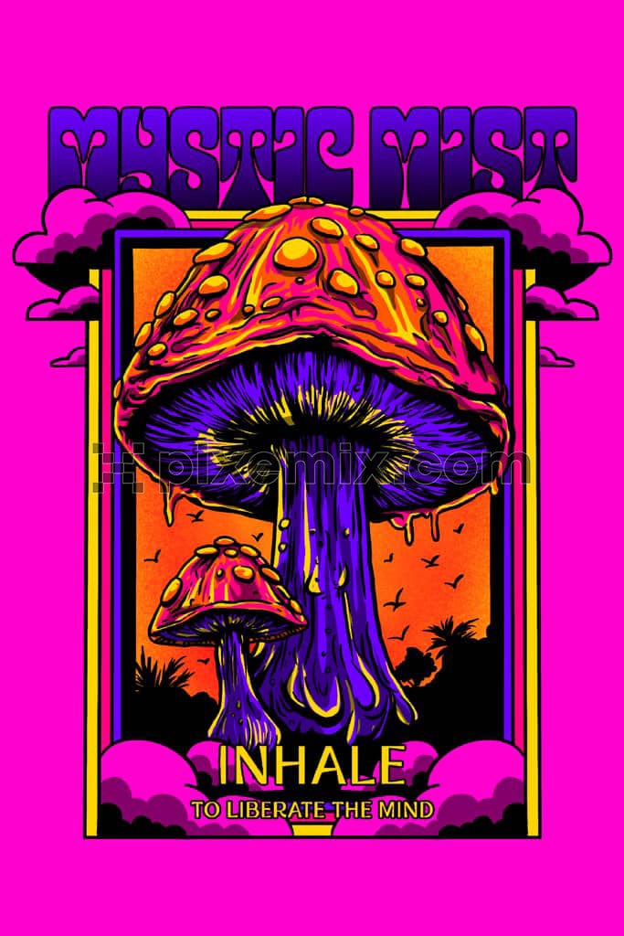 A hand crafted psychedelic artworks featuring a mushroom along with typography in vibrant hues.