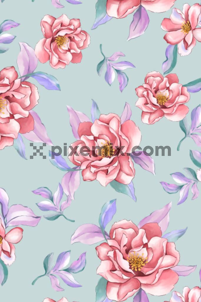 A handrawn  floral graphic in pastel shades with wtercolour effect  and a seamless repeating pattern.