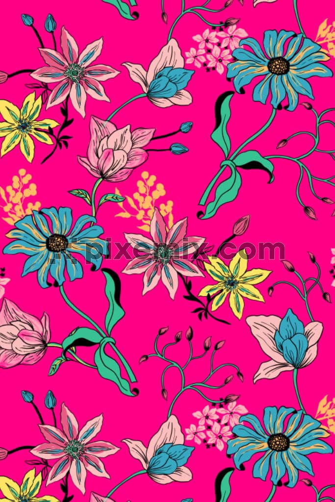 Brightly colored, hand-drawn floral design with a seamless repeating pattern.