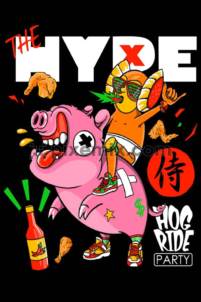 A hand drawn cartoon graphics featuring a pig and a kid partying.