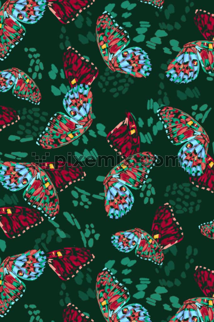A hand drawn piece of art featuring colourful butterflies in a dark green background with a seamless repeating pattern.