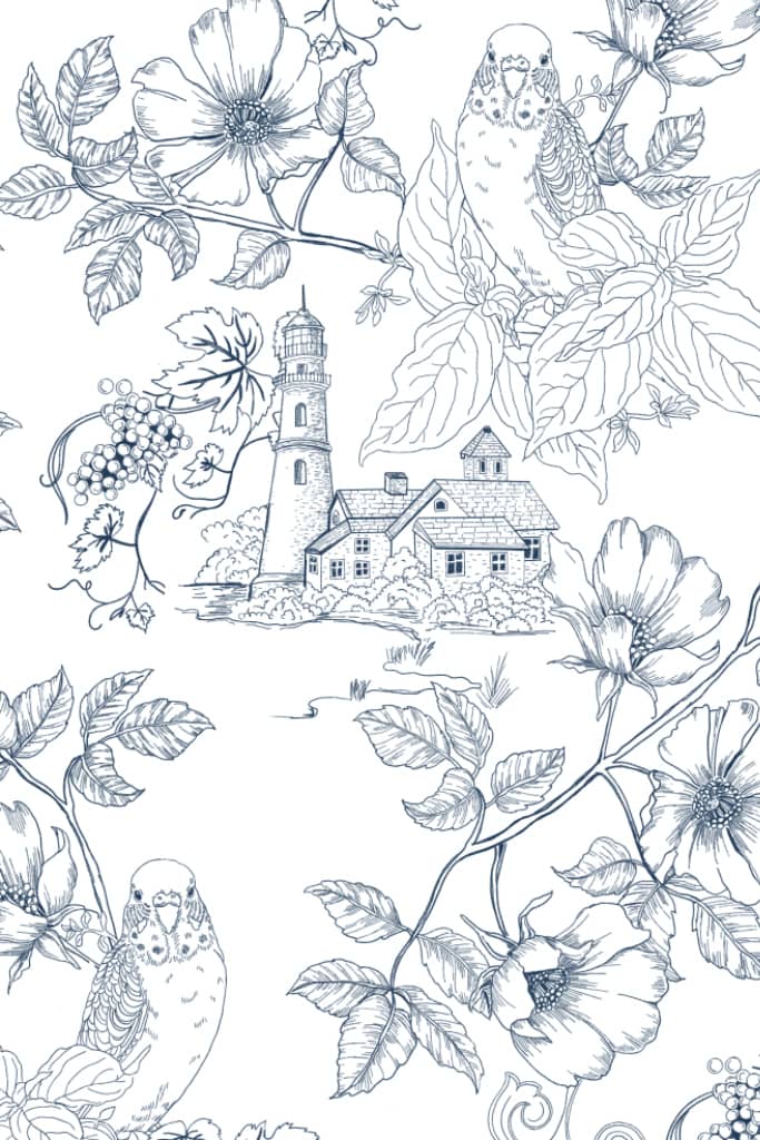 A hand drawn monochrome artwork featuring birds, flowers, fruits and a house product graphic with seamless repeat pattern.