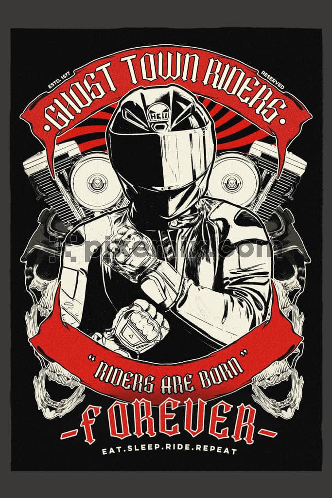 A hand drawn illustration of a rider with motorcycle elements and typography product graphic.