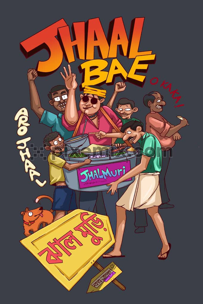 Indian street food inspired A hand drawn jhalmuri seller and a few customers around having fun product graphic.