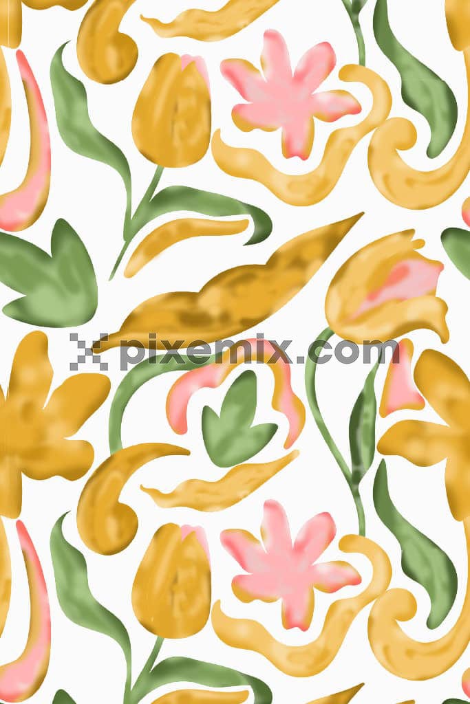 A handmade floral abstract illustration with watercolour effect in a seamless repeating pattern.