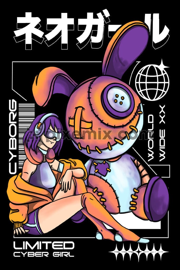 An oriental cyber-themed handmade product graphic featuring a female character and a doll.