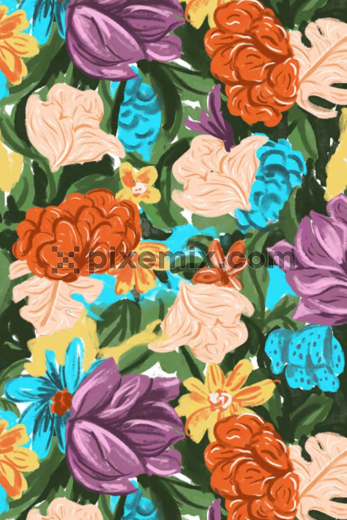 A handmade abstract illustratuon of flowers and leaves in watercolour effect in a seamless repeating pattern.