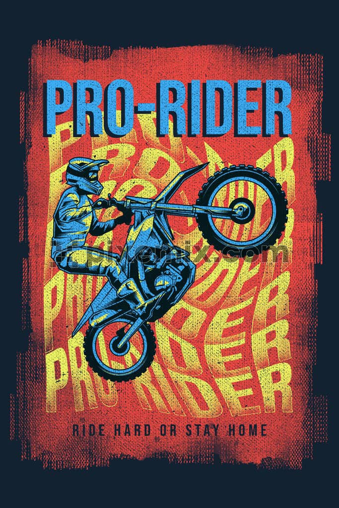A hand drawn illustration of a rider with motorcycle along with a texture and typography.
