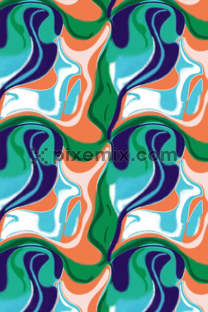 An abstract hand drawn illustration in watercolour effect with vibrant colours in a seamless repeating pattern.