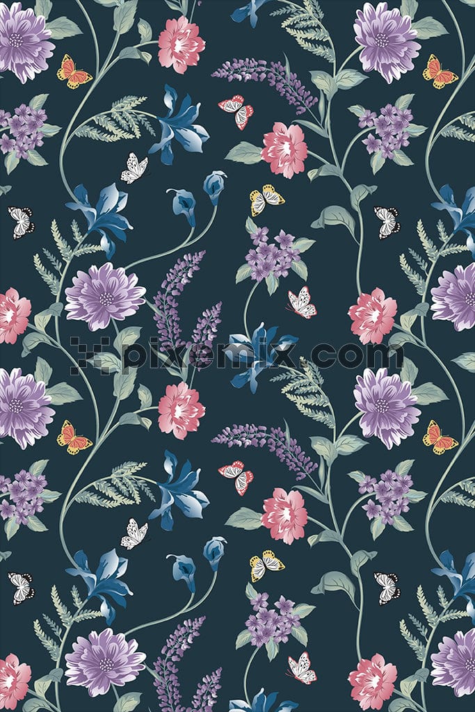 A hand drawn illustration featuring flowers and butterflies in a seamless repeating pattern.
