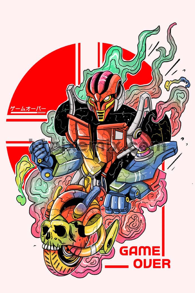 An oriental handmade colourful product graphic featuring a robotic rider character along with typography.