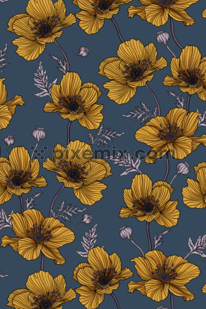 A hand drawn illustration featuring yellow flowers and leaves in a seamless repeating pattern.