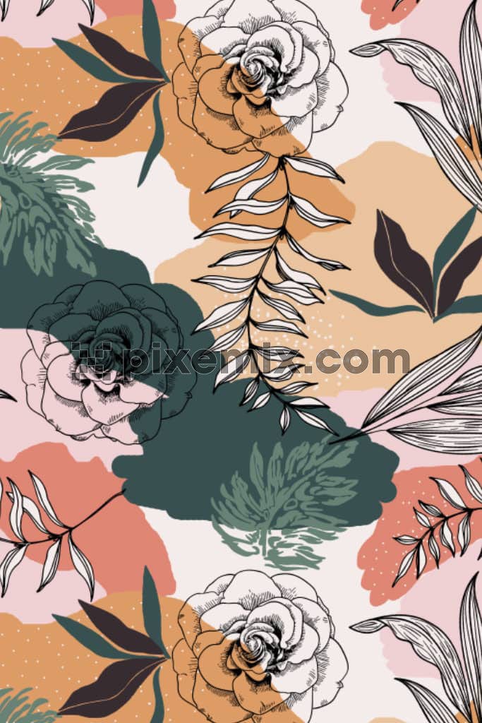 A hand drawn illustration of flowers and leaves with a pastel background in a seamless repeating pattern