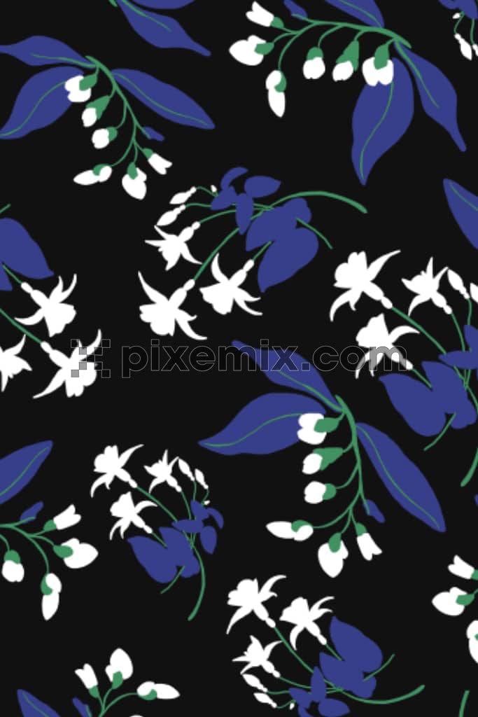 A hand drawn illustartion of white digital flowers and leaves in a seamless repeating pattern