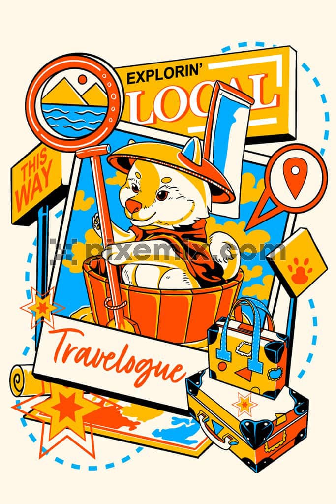 A hand drawn cartoon product graphic of a cat along with travel elements and typography