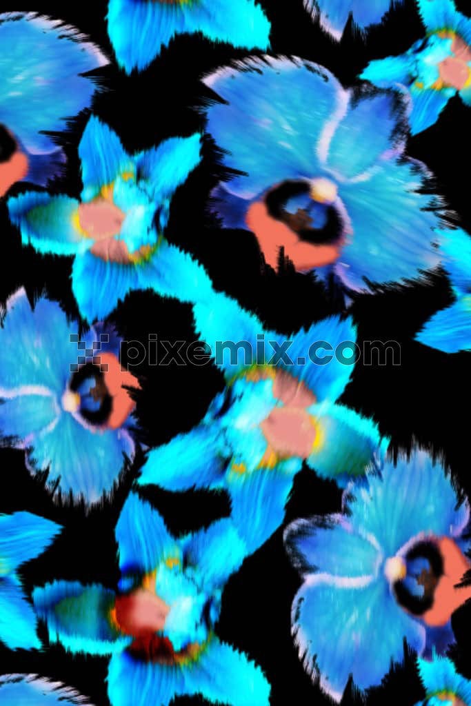 A hand drawn illustration of abstract digital orchids with blur effect in a seamless repeating pattern