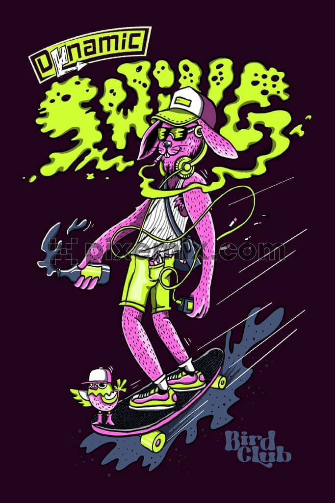 A hand drawn cartoon product graphic featuring a bunny as a graffiti artist in neon and bright hues