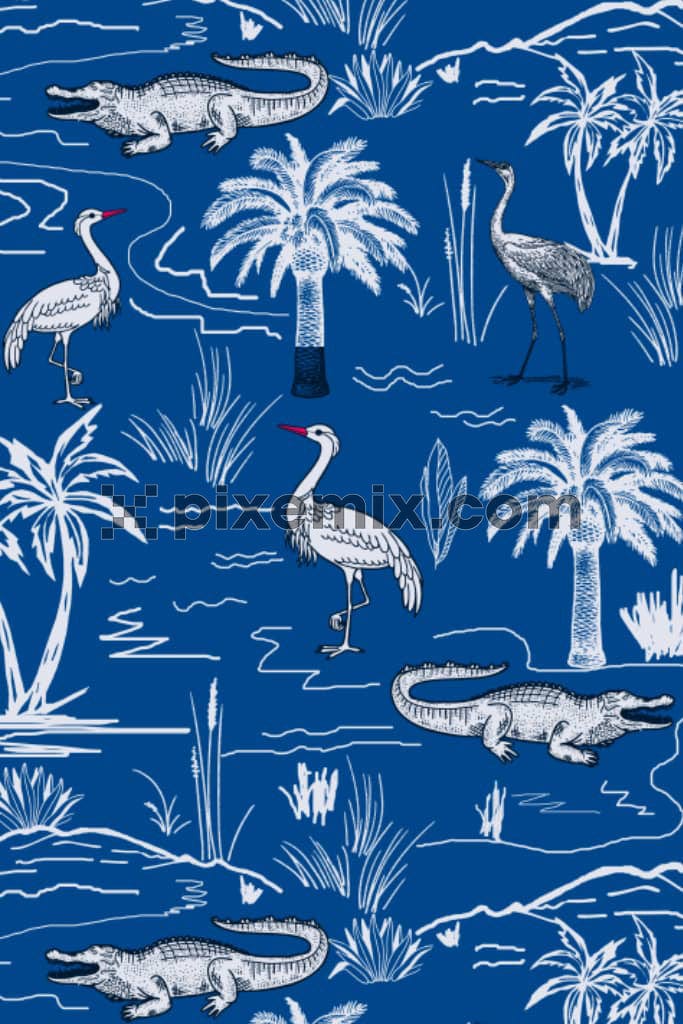 A hand drawn illustration featuring a bird and tropical trees in plain blue background in a seamless repeating pattern