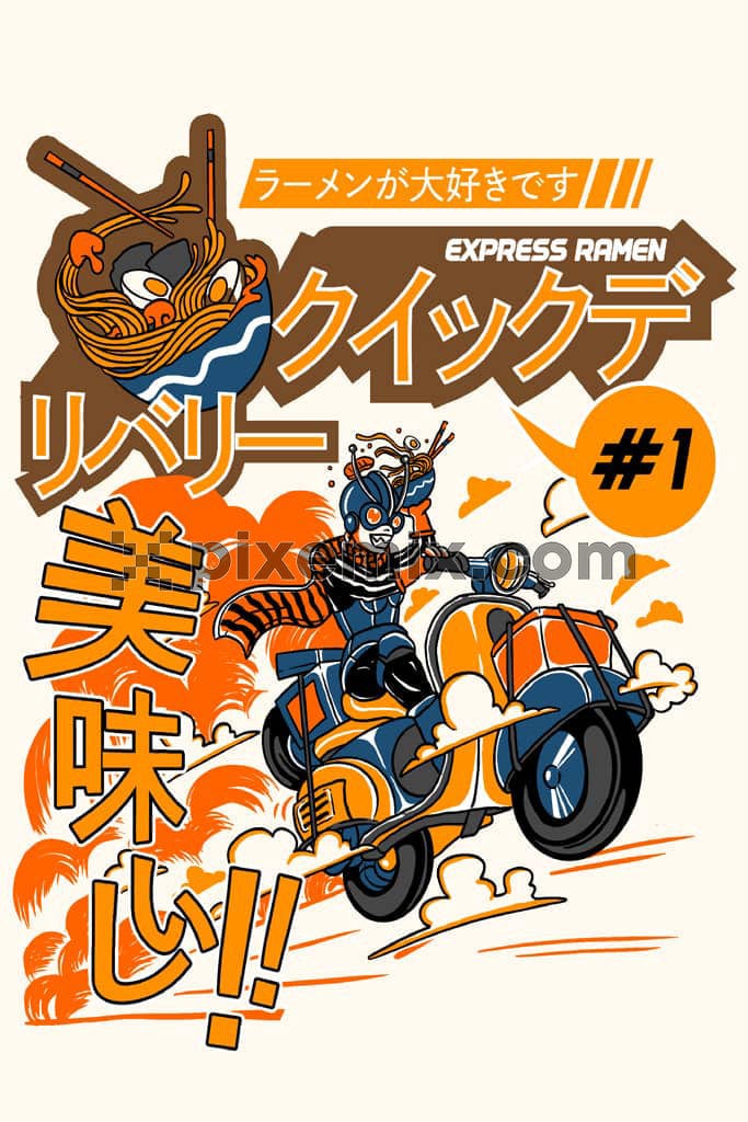 A hand drawn oriental product graphic featuring a ramen delivery guy riding his bike alog with typography