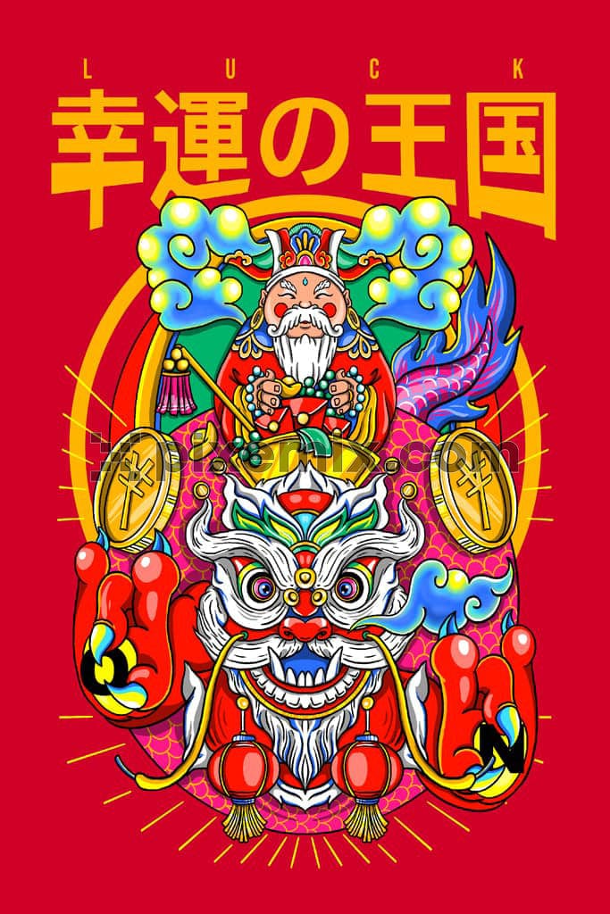 A hand curated oriental product graphic featuring cartoon characters along with typography