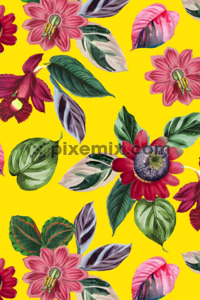 A hand drawn illustration of digital flowers and leaves in yellow background with a seamless repeating pattern