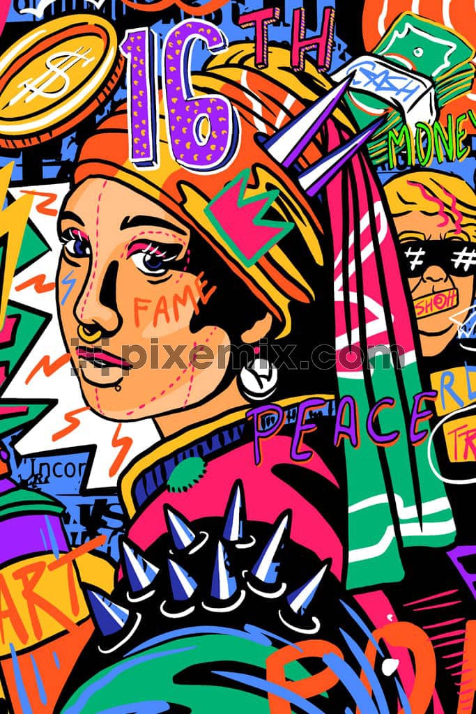 A hand drawn product graphic featuring characters inspired by the punk art 