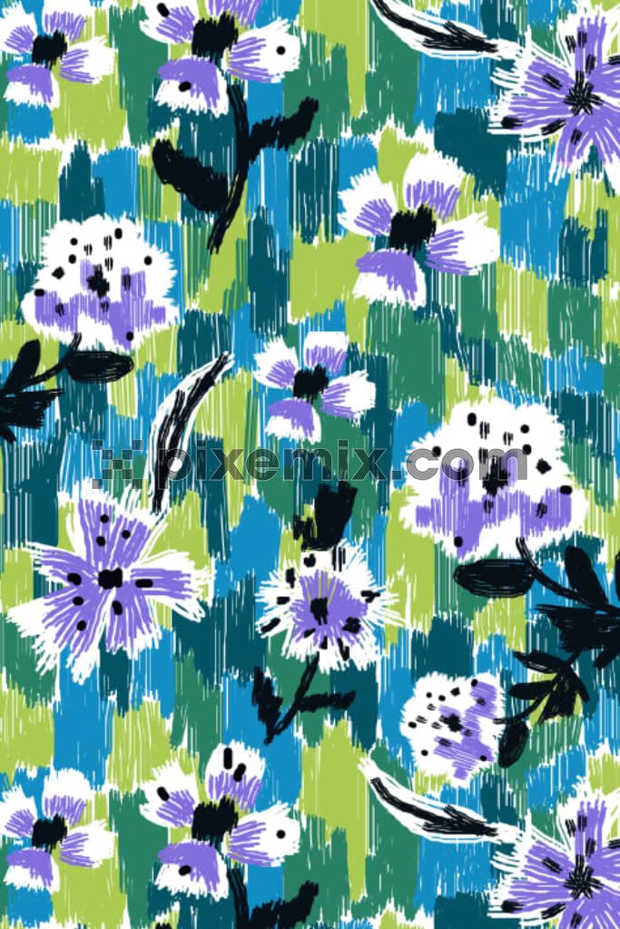 A hand drawn floral and ikat artwork in a seamless repeating pattern