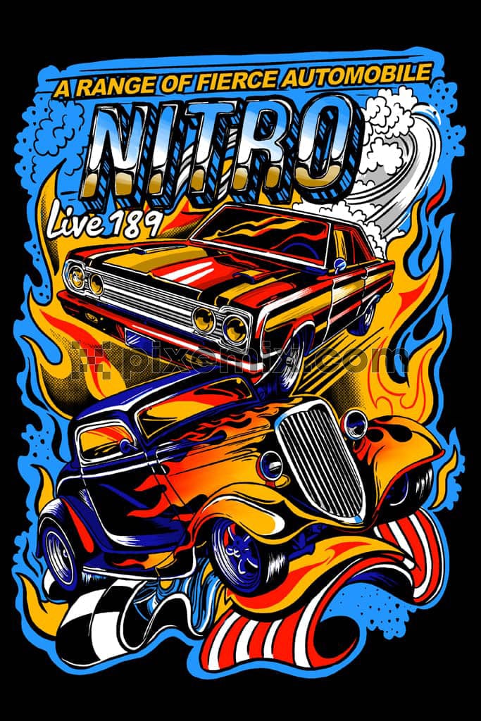 A hand drawn product graphic of automobiles with fierce elements and bright colours