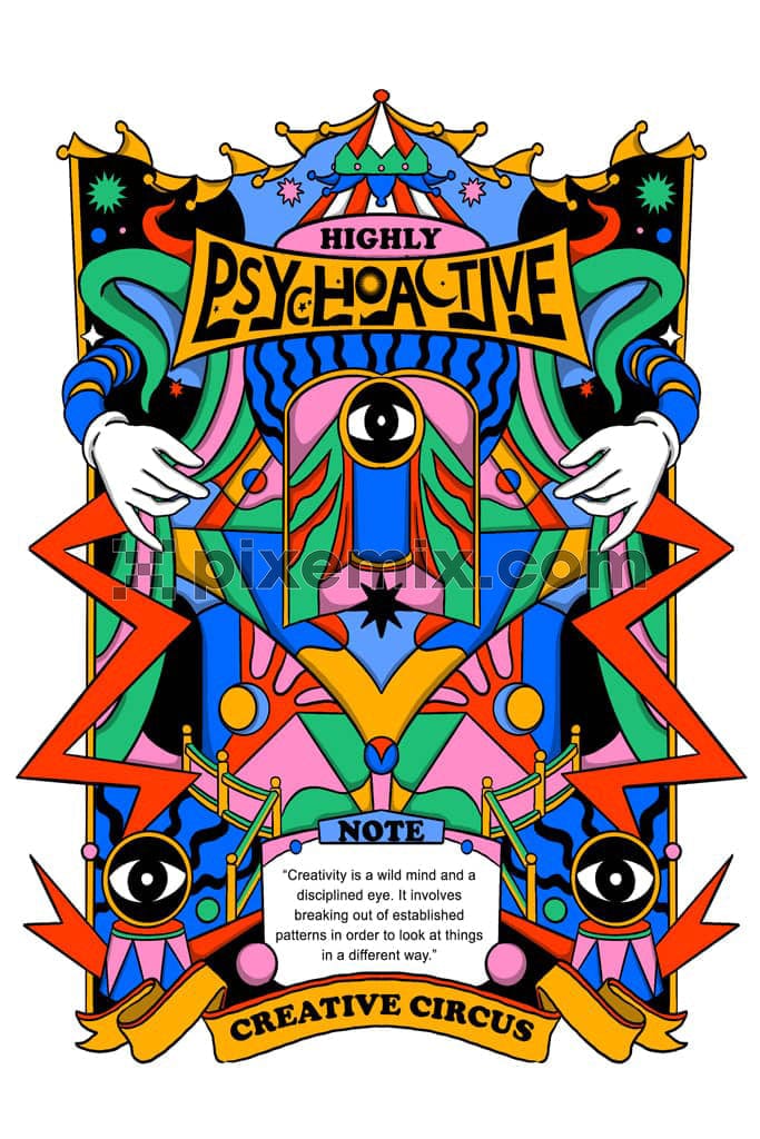 A hand made psychoactive product graphic in bright hues along with typography