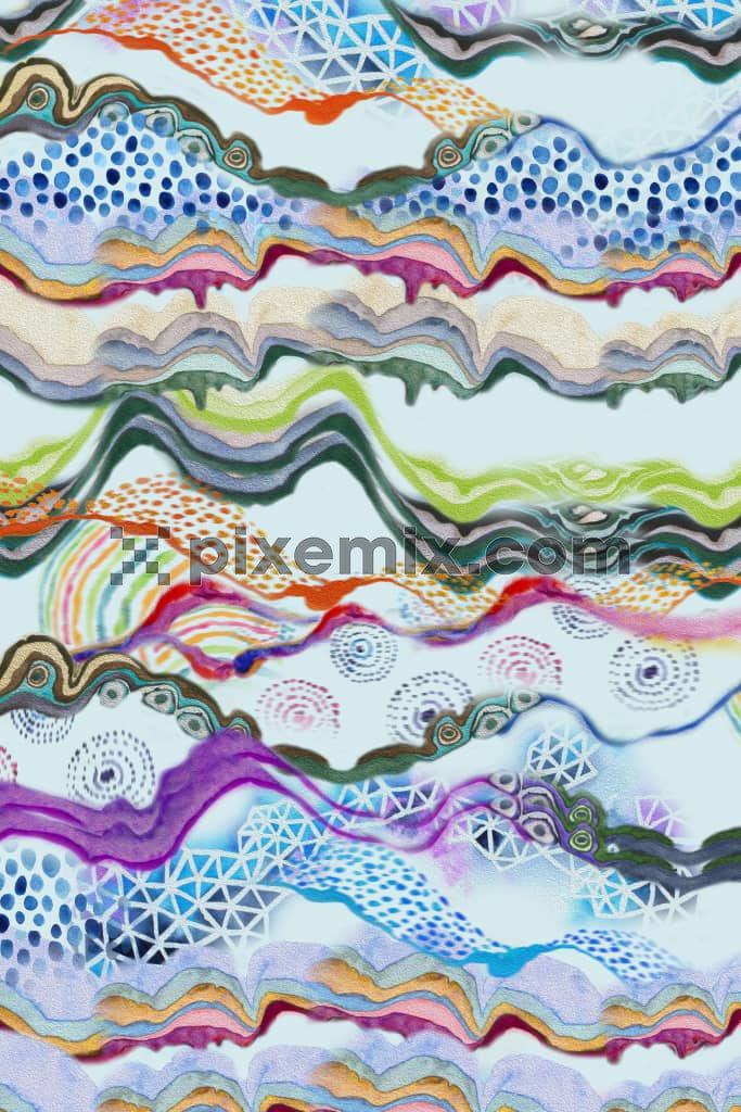 A hand drawn illustration abstract of lines and shapes in a seamless repeating pattern