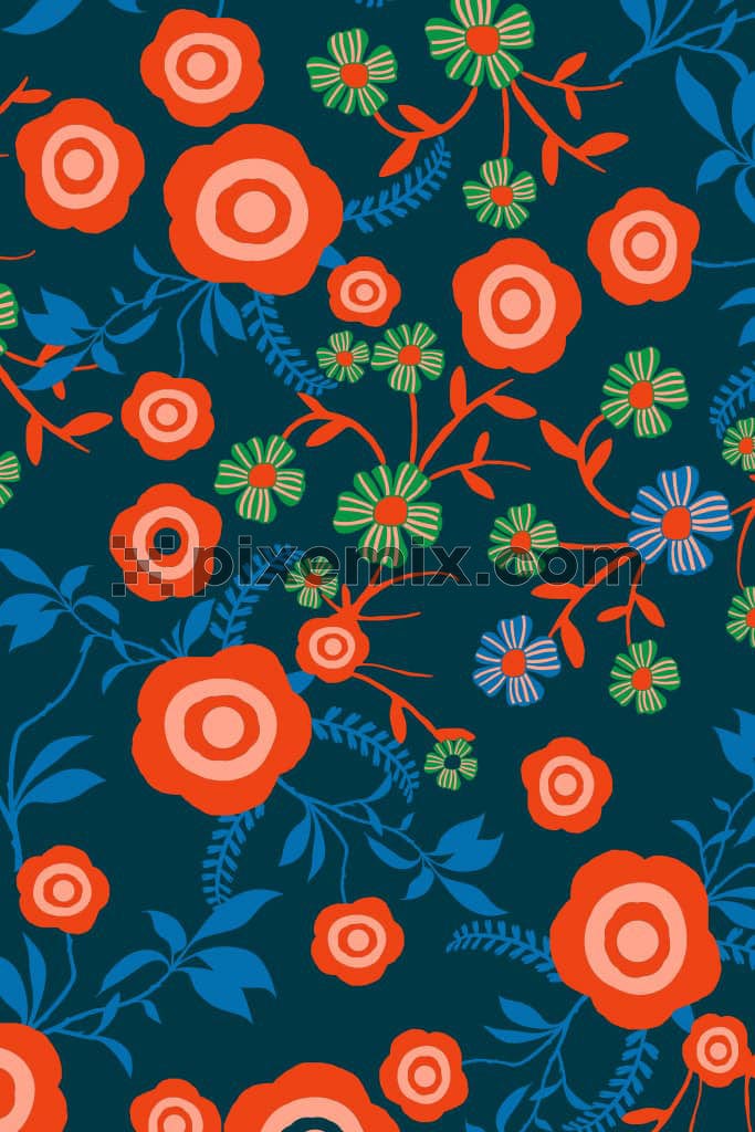 A hand drawn illustration of flowers and leaves in a seamless repeating pattern