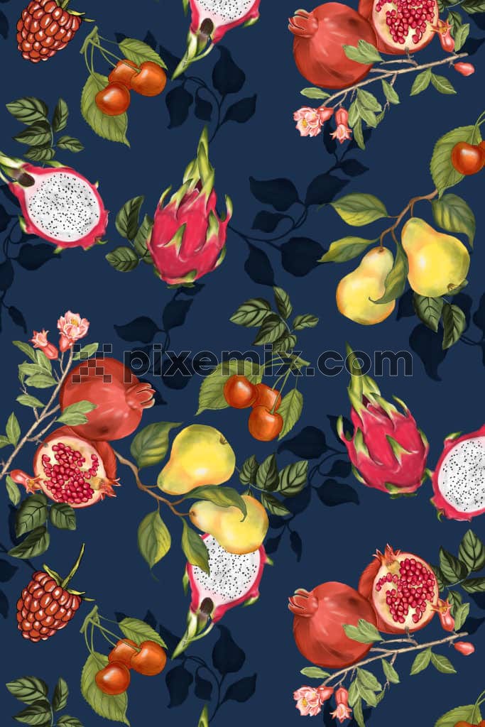 A hand drawn illustration featuring exotic fruits and leaves in a dark background with a seamless repeating pattern